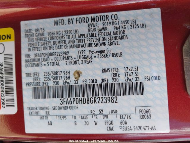 3FA6P0HD8GR223982 Ford FUSION SE
