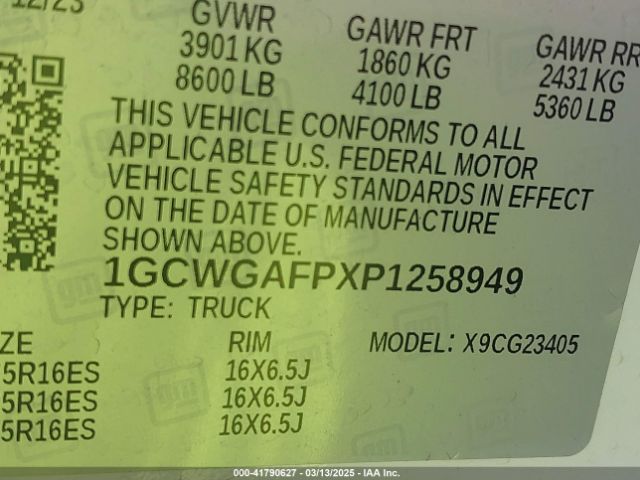 1GCWGAFPXP1258949 Chevrolet Express Cargo Rwd 2500 Regular Wheelbase Wt