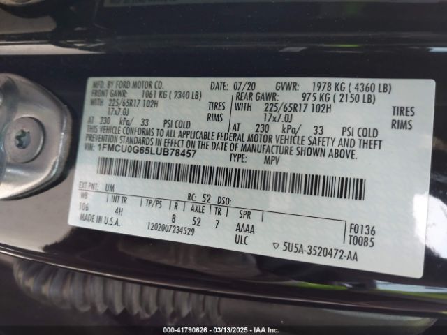 1FMCU0G65LUB78457 Ford ESCAPE SE