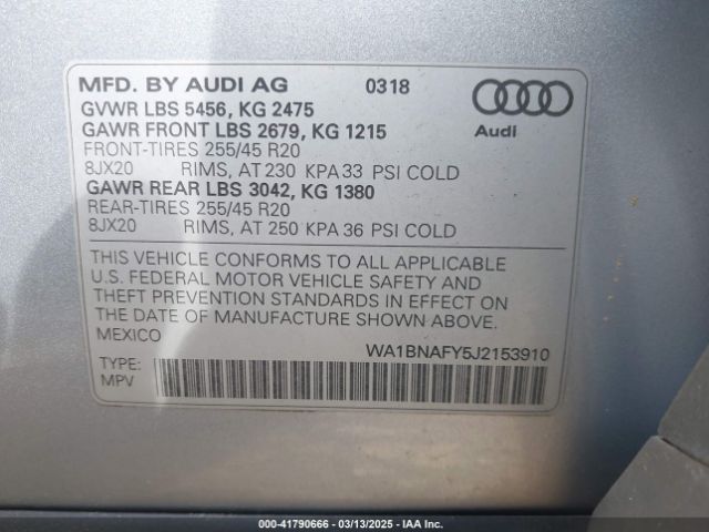 WA1BNAFY5J2153910 Audi Q5 2.0t Premium/2.0t Tech Premium
