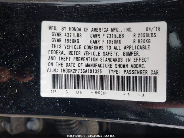 Honda ACCORD EX 2016 1HGCR2F73GA191325 Image 9