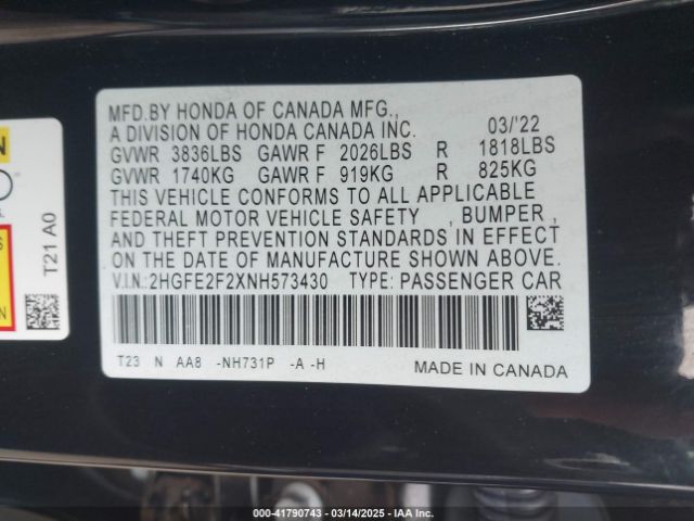 2HGFE2F2XNH573430 Honda Civic Lx