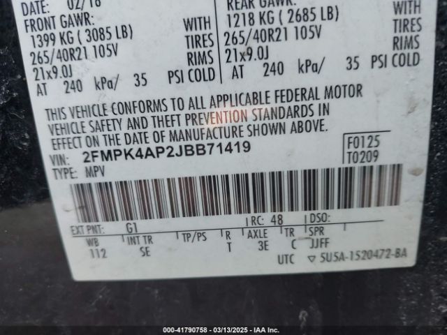 2FMPK4AP2JBB71419 Ford EDGE SPORT