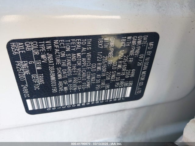 JN8AT3BA8MW003190 Nissan Rogue Sv Fwd