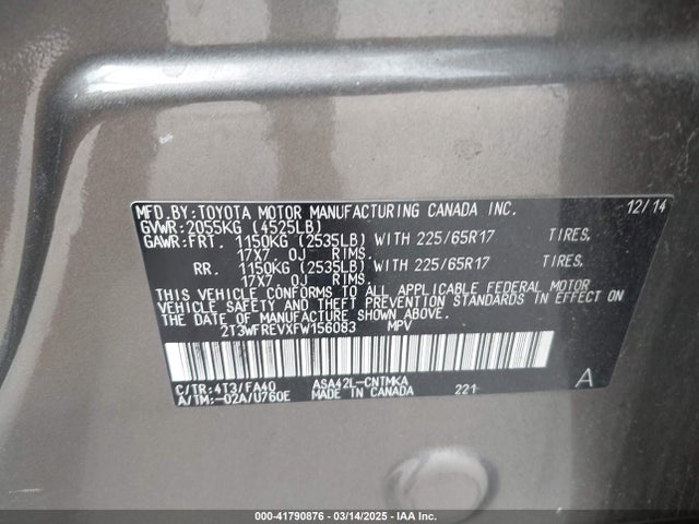 2T3WFREVXFW156083 Toyota Rav4 Xle