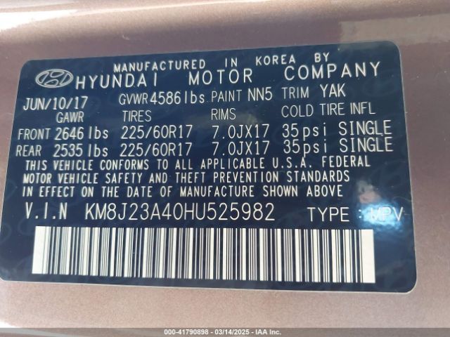 KM8J23A40HU525982 Hyundai TUCSON SE