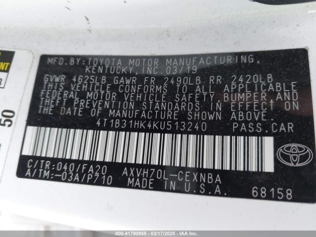 4T1B31HK4KU513240 Toyota Camry Hybrid Le