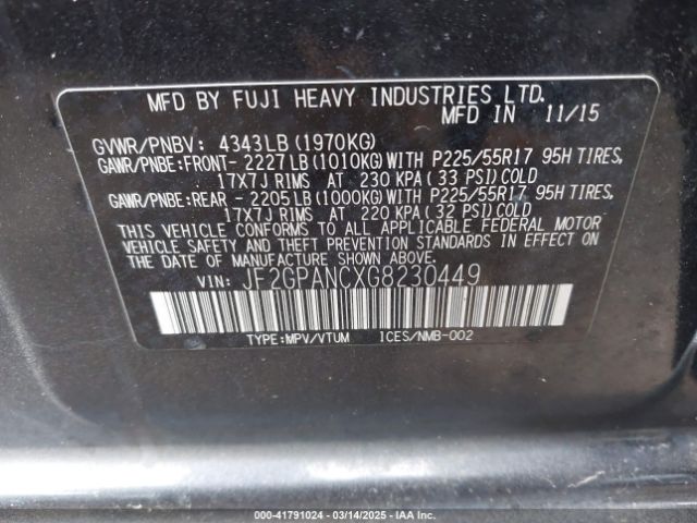 JF2GPANCXG8230449 Subaru Crosstrek 2.0i Limited
