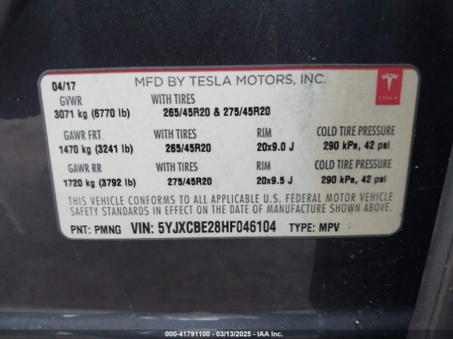 2017 TESLA MODEL X 5YJXCBE28HF046104 Photo 8