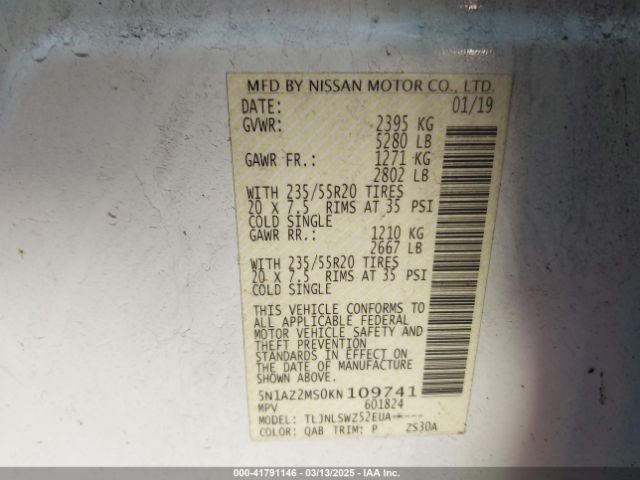 5N1AZ2MS0KN109741 Nissan Murano Platinum