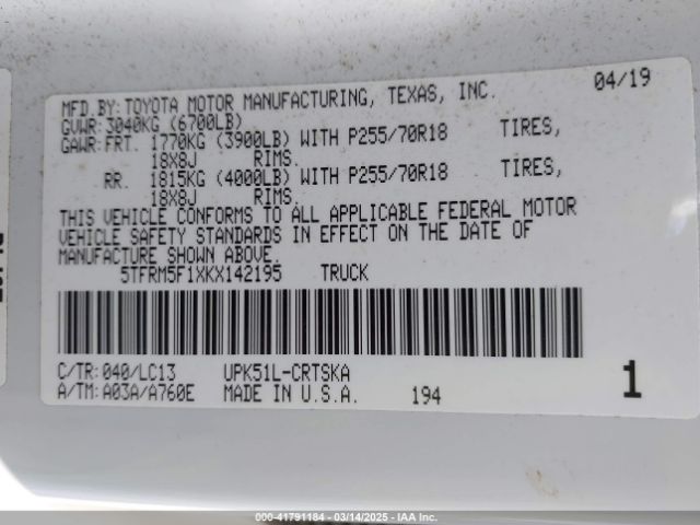5TFRM5F1XKX142195 Toyota Tundra Sr 4.6l V8