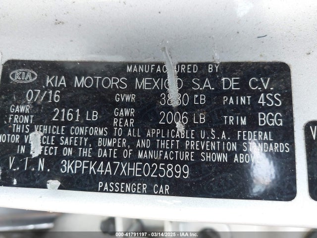 3KPFK4A7XHE025899 KIA FORTE LX