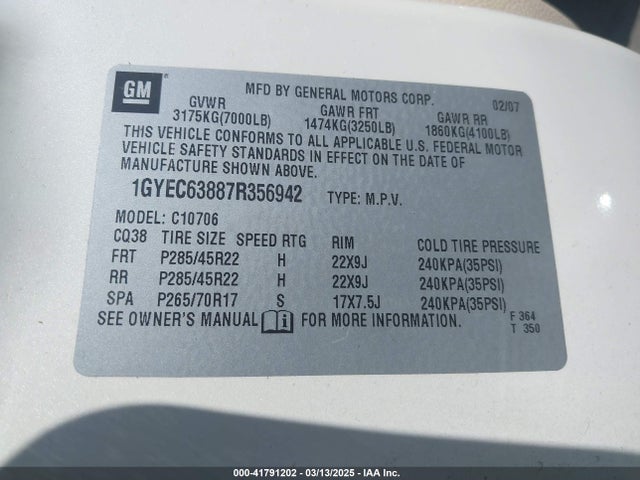 2007 CADILLAC ESCALADE 1GYEC63887R356942 Photo 8