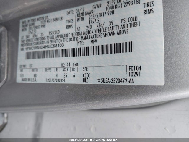 1FMCU9GD4HUE68103 Ford ESCAPE SE