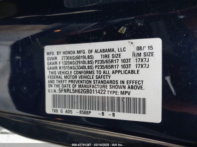 5FNRL5H62GB011422 Honda Odyssey Ex-l