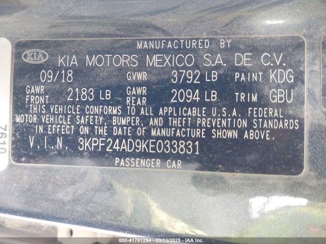 3KPF24AD9KE033831 KIA Forte Lxs