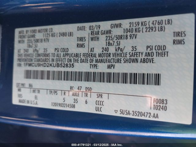 1FMCU9HD2KUB52835 Ford ESCAPE SEL