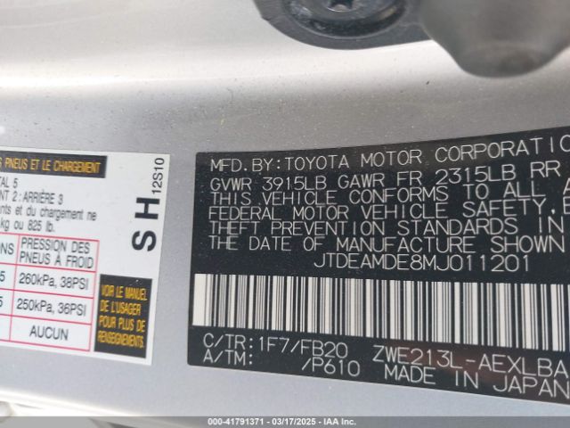 2021 TOYOTA COROLLA JTDEAMDE8MJ011201 Photo 8