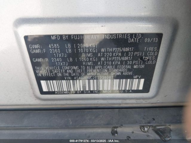 2014 SUBARU OUTBACK 4S4BRBMC2E3230283 Photo 8