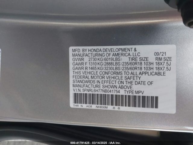 5FNRL6H77NB041754 Honda Odyssey Ex-l