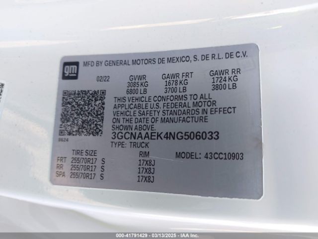 3GCNAAEK4NG506033 Chevrolet Silverado 1500 2wd  Long Bed Wt