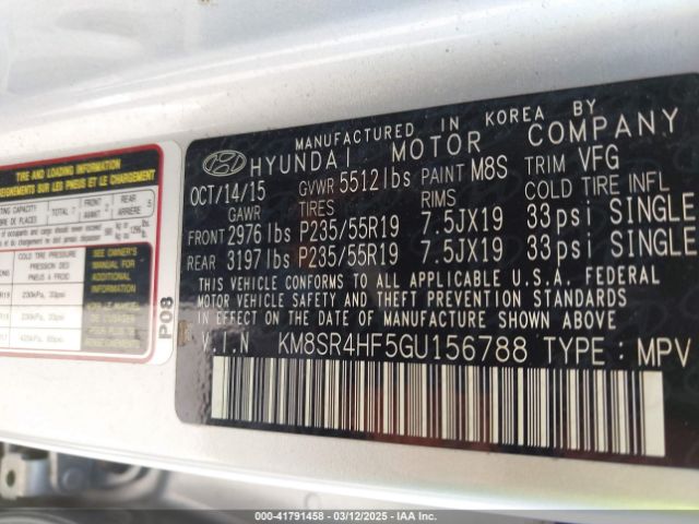 KM8SR4HF5GU156788 Hyundai Santa Fe Se