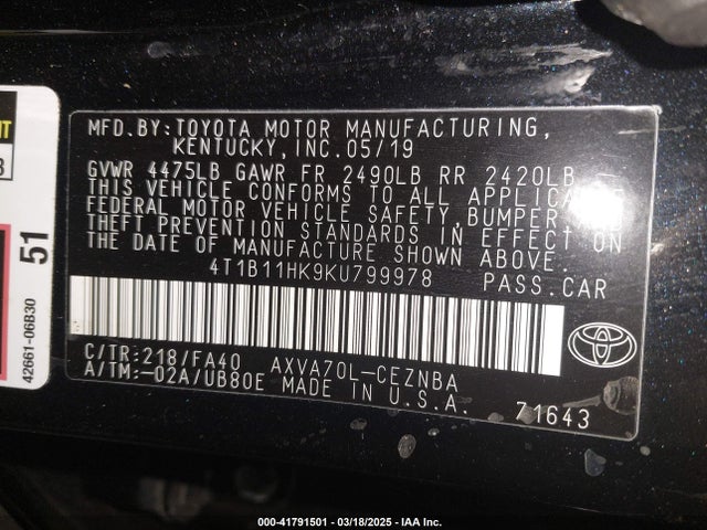 4T1B11HK9KU799978 Toyota CAMRY LE