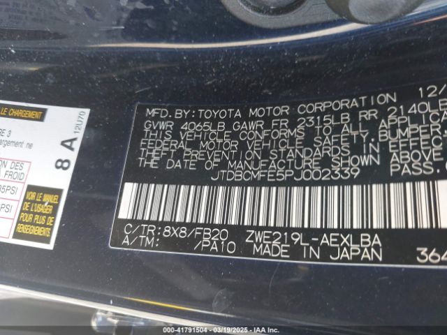 JTDBCMFE5PJ002339 Toyota Corolla Hybrid Le