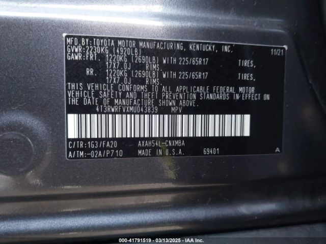 4T3RWRFVXMU043839 Toyota Rav4 Hybrid Xle