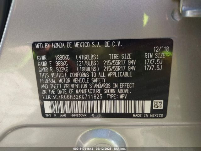 3CZRU6H32KG711625 Honda HR-V LX