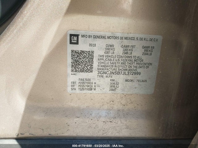 3GNCJNSB7JL372999 Chevrolet TRAX LS