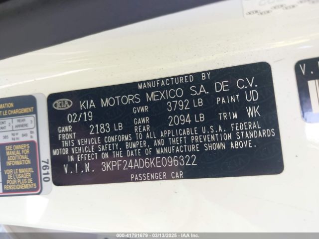 3KPF24AD6KE096322 KIA Forte Lxs
