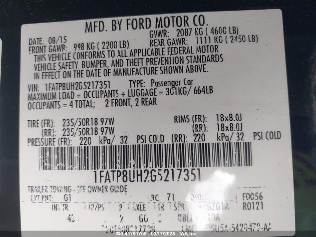 1FATP8UH2G5217351 Ford Mustang Ecoboost Premium