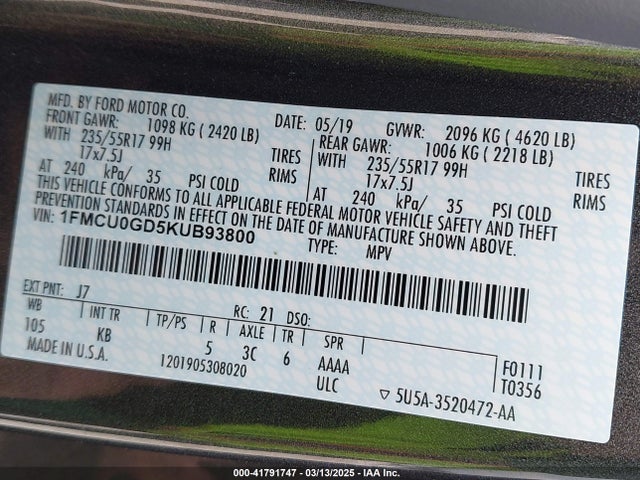 1FMCU0GD5KUB93800 Ford ESCAPE SE