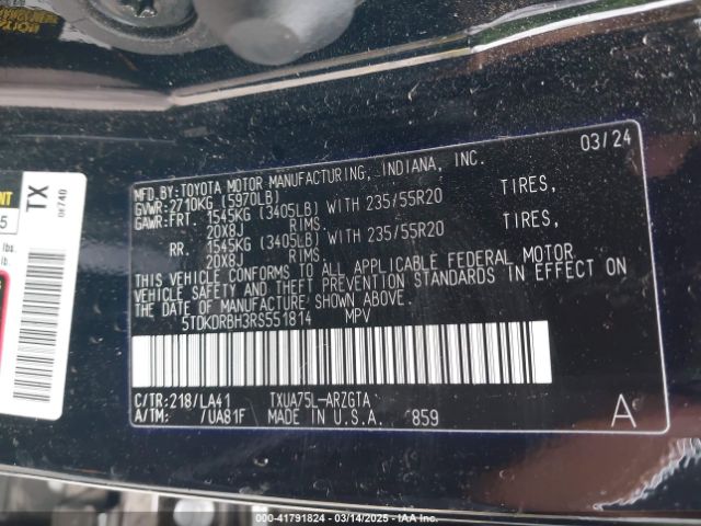 5TDKDRBH3RS551814 Toyota Highlander Platinum