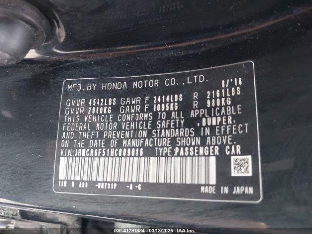 JHMCR6F51HC009016 Honda Accord Hybrid Ex-l