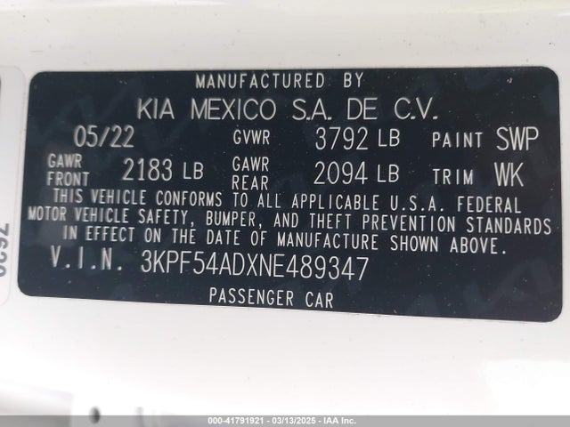 3KPF54ADXNE489347 KIA Forte Gt-line