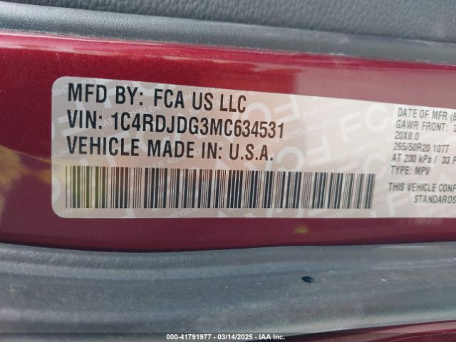 1C4RDJDG3MC634531 Dodge Durango Gt Plus Awd