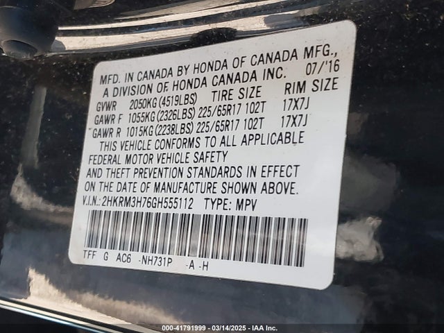 2HKRM3H76GH555112 Honda Cr-v Ex-l