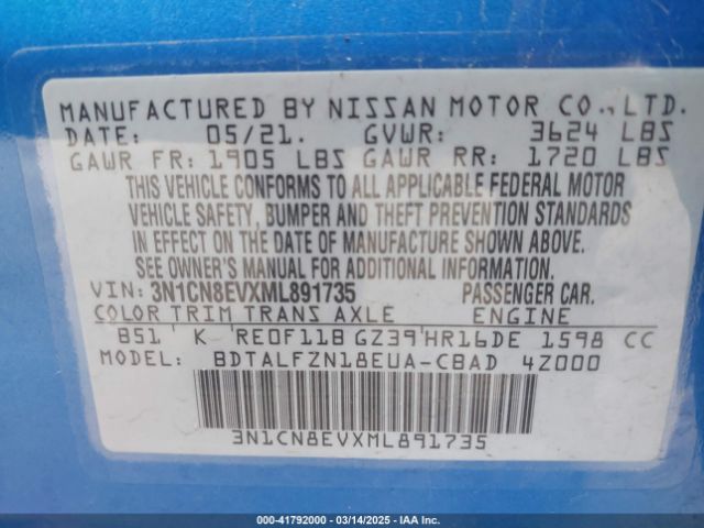 3N1CN8EVXML891735 Nissan Versa Sv Xtronic Cvt
