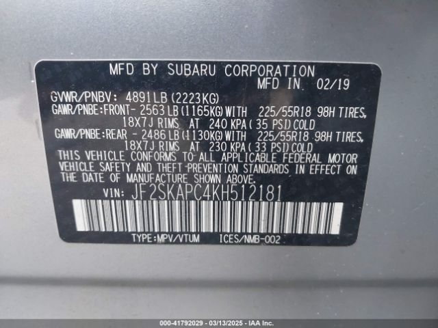 JF2SKAPC4KH512181 Subaru Forester Sport