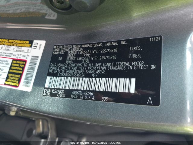 5TDKBRCHXSS646154 Toyota Highlander Hybrid Xle