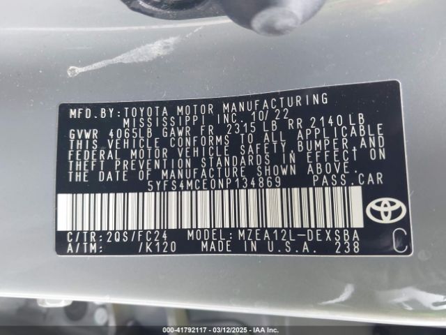 2022 TOYOTA COROLLA 5YFS4MCE0NP134869 Photo 8