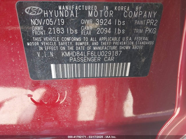 KMHD84LF6LU029187 Hyundai Elantra Value Edition