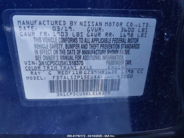 3N1CP5CU5KL518375 Nissan KICKS SV