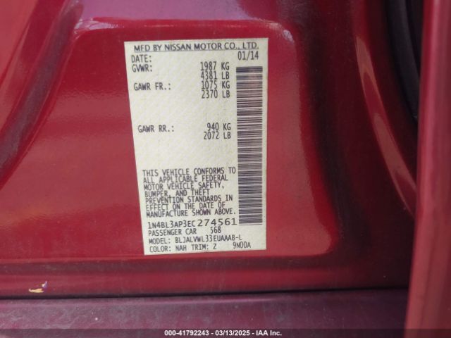 1N4BL3AP3EC274561 Nissan Altima 3.5 Sl