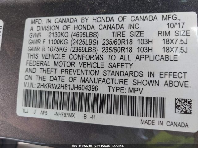 2HKRW2H81JH604396 Honda Cr-v Ex-l/ex-l Navi