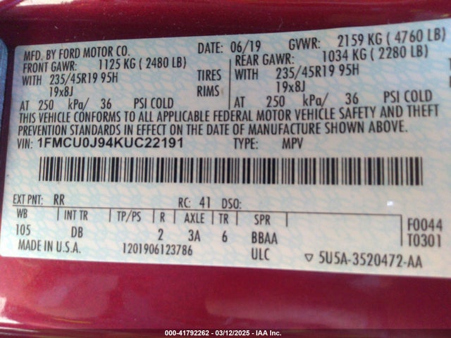 1FMCU0J94KUC22191 Ford Escape Titanium