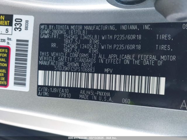 5TDJSKFC5PS106883 Toyota SIENNA XLE