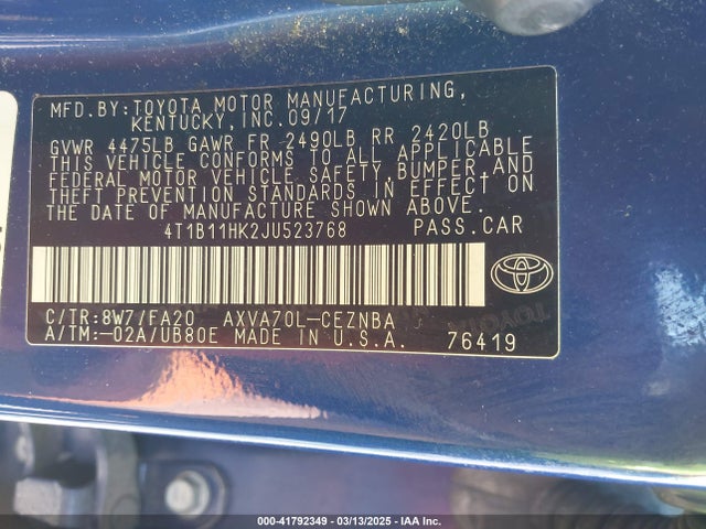4T1B11HK2JU523768 Toyota CAMRY LE